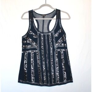Express Women Sleeveless Navy Blue Beaded Sequin Formal Tank Blouse Lined Small